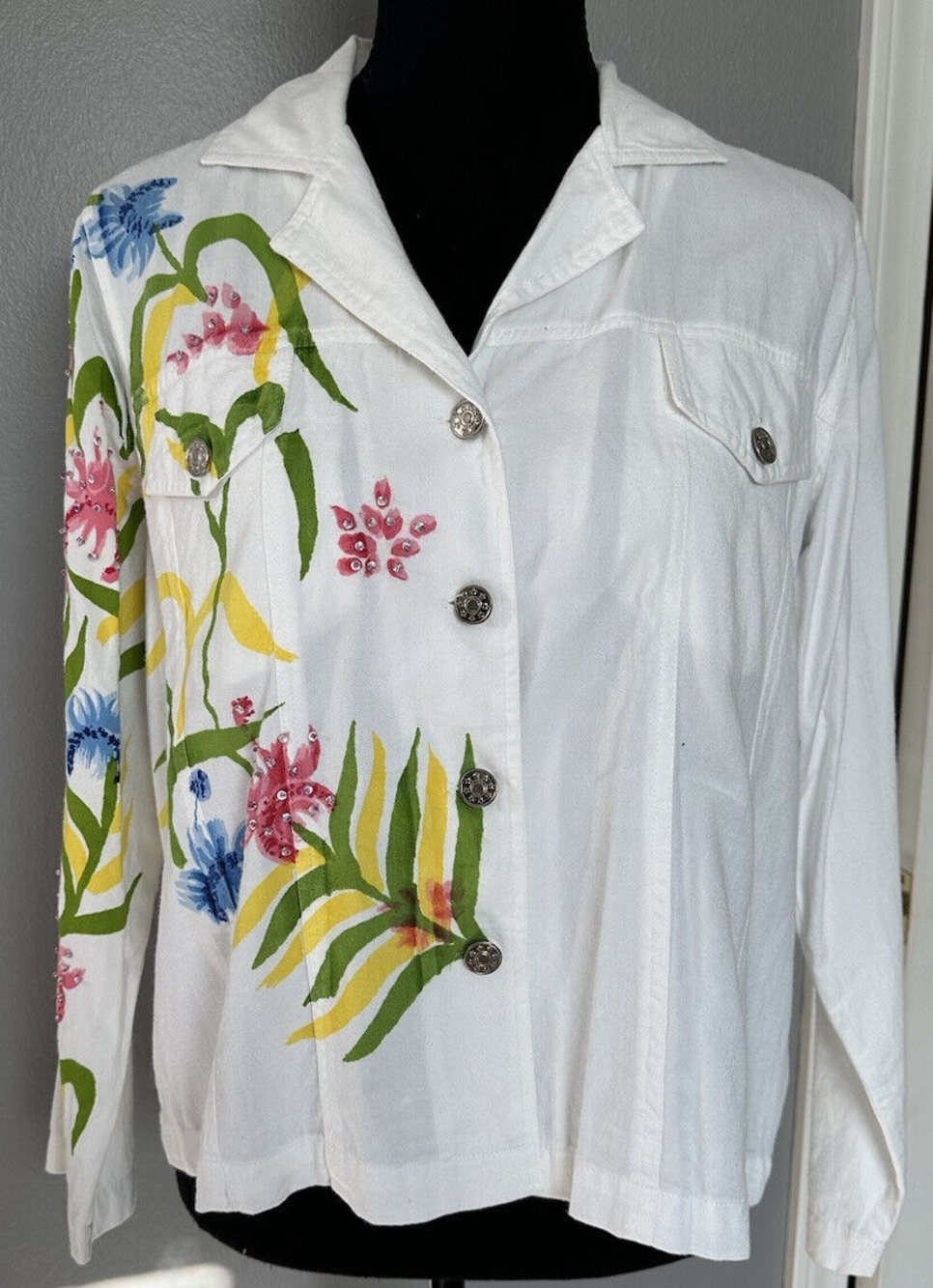 BFA Classics Vintage White Floral  Beaded  Jacket Lightweight Denim Coat PM